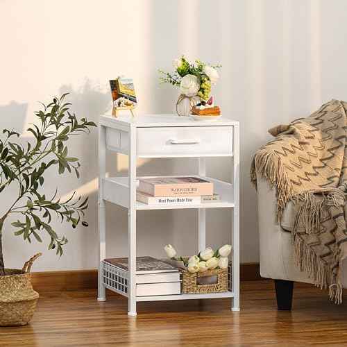 Lerliuo White Printer Stand with Fabric Drawer, 3 Tier Industrial Side Table, Modern Small Printer Desk Holder with Storage Shelf,Multi-Functional Bedside Tables for Home Office Fax Machine Scanner