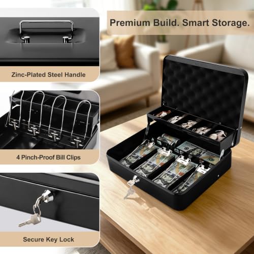 Parrency K-Black Cash Box with Money Tray, Key Lock, 11.8 x 9.5 x 3.5 in