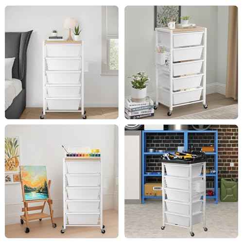 Rolling Cart with 5 Drawers, Plastic Drawer Storage Carts with Wheels & Wooden Tabletop, Metal Utility Cart with Pegboards, Office Living Room Classroom Craft Organization and Storage, Bright White