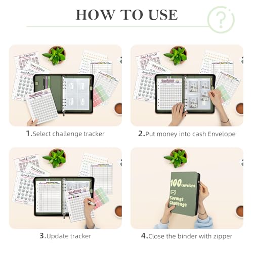 Green Leather Money Saving Challenge Binder with Envelopes - 52 Weeks Budget Planner