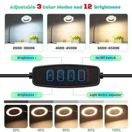 10X Magnifying Glass with Light, Clip on Mganifier with Light, 48 LED Desk Magnifying Glass wtih Clamp, 3 Modes Dimmable Magnifying LED Lamps for Bed Work Crafts DIY Repair