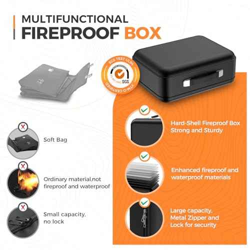 Fireproof Document Box with Combination Lock, Fireproof Water Resistant Hard Case Safe Box for Important Documents Certificates Laptop Passports (Black)