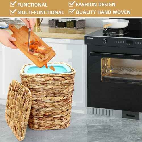 3 Gallons Wicker Waste Basket Can with Lid & Liner, Handwoven Wastebasket Wastepaper Basket with 60Pcs Bag, Wicker Trash Garbage Rubbish Can Bin Basket for Bedroom Bathroom Kitchen Office