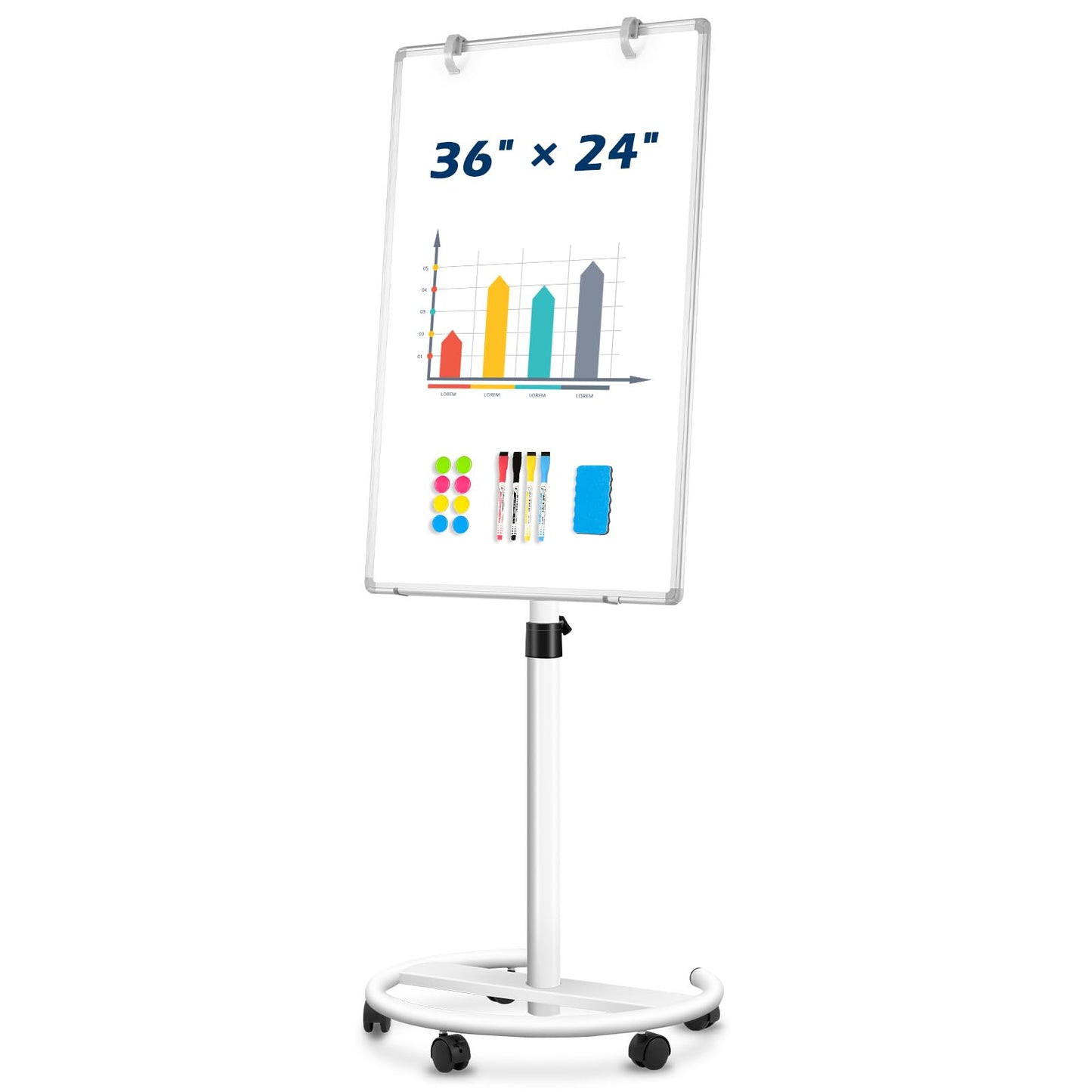 Magnetic Mobile Whiteboard, 36"x24", Height Adjustable Flip Chart Easel