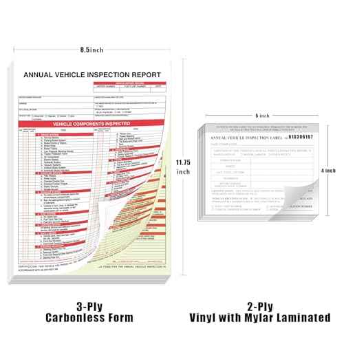 50 Pack Inspection Forms and Stickers. 3-Ply Carbonless Annual Vehicle Inspection Report (8.5" x 11.75") with 2-Ply Vinyl White Interior fmcsa Annual Inspection Sticker(5"x4")