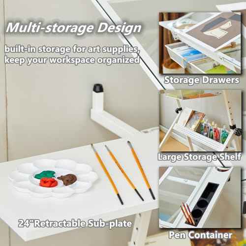 Drafting Table, 0-75¡Æ Tilting Glass Tabletop Drawing Table with Stool - Adjustable Height Art Desk with Multi-Storage for Sketching and Painting - Perfect for Artists and Hobbyists, White