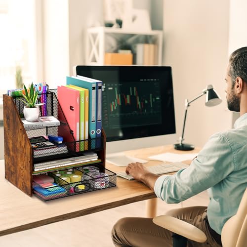 Wooden Desk Organizer - Mesh File Organizer with Drawers and Pen Holder - 4-Tier Vertical Paper Letter Storage Tray, Desktop Organizers and Accessories for Home Office