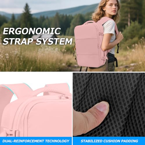 Lovvento Air Vacuum Compression Travel Backpack: Expandable Carry On Bag Vacuum with Pump Fits 17.3inch Laptop for Women and Men - Suitable for Business and Work Waterproof (Pink)