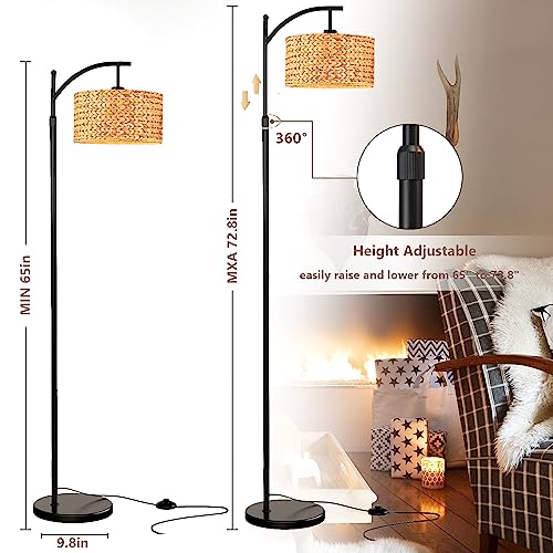 Floor Lamp for Living Room Bedroom Farmhouse Arc Rattan Boho Standing Lamp with Remote Dimmable Black Wicker Bamboo Lamp Shade Floor Light Adjustable Tall Lamp Industrial Floor Lamps Bohemian