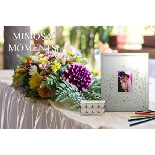 MIMOSA MOMENTS Autograph Picture Frame, Alternative Wedding Guest Book, Baby Shower Guest Book (White with 80 hearts)