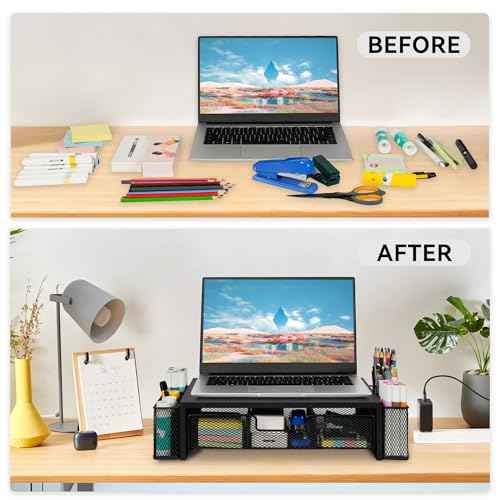Computer Monitor Stand Riser with Drawer and Pen Holders, Desk Organizer Shelf and Accessories, Office Desk Accessories, Office Organization, Black