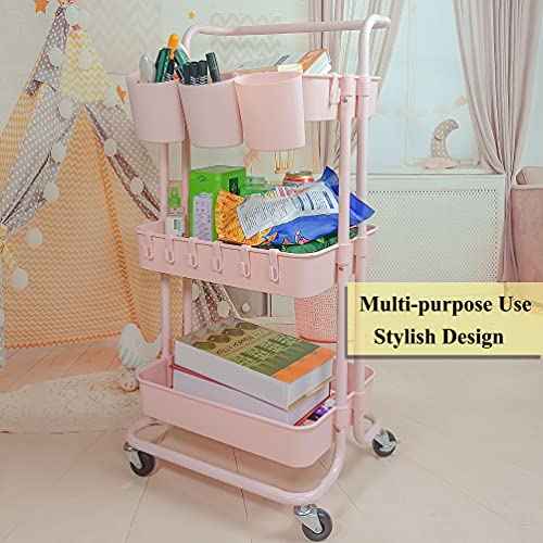 Ceeyali 3-Tier Rolling Utility Cart Storage Organizer Shelf Cart with Lockable Wheels and 3PCS Cups and 8PCS Hooks for Home Kitchen,Bathroom,Office,Laundry Room etc. (3 Cup 8 Hook Pink)