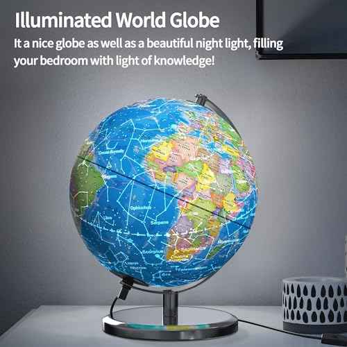 Illuminated World Globe with Stand, 9" Earth Globes with Stable Heavy Metal Base for Kids Classroom Learning, LED Constellation Globe Night Light with HD Printed Map