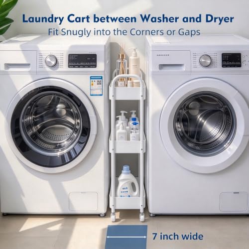 LIWNYRK 3-Tier Narrow Rolling Storage Cart White – 7.1'' Slim Utility Cart with Lockable Casters for Laundry, Between Washer & Dryer