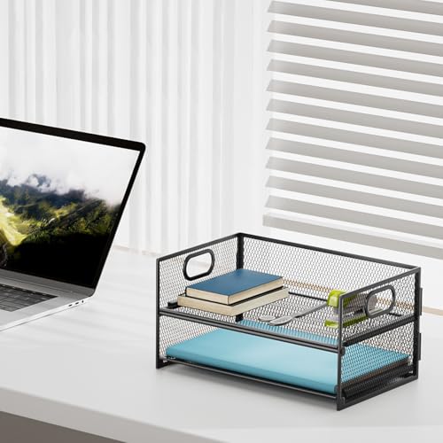 Marbrasse Black 2-Tier Mesh Paper Organizer Letter Tray with Handle - Desk Storage