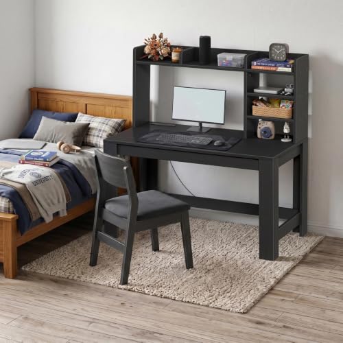 43in Black Gaming Desk with Hutch, Built-In Power Outlet & USB Ports