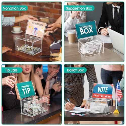 MaxGear Acrylic Donation Box with Lock 3 Pack, Large Ballot Box with Sign Holder, Clear Storage Container for Voting, Charity, Ballot, Suggestion 6.25" x 4.5" x 4"