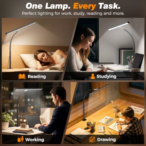 Airlonv Black LED Desk Lamp with Clamp, 17-Inch Stepless Dimming & Flexible Gooseneck