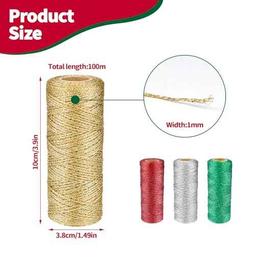 Gold Metallic Bakers String, 110 Yards/328 Feet, 1mm Diameter, Glitter Twine for Crafts, DIY, Christmas Decor, Presents