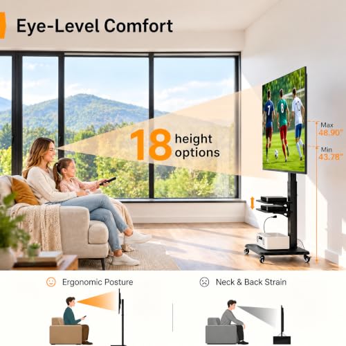 Perlegear Black Mobile TV Stand for 32-75 Inch TVs with Power Outlet & Adjustable Height