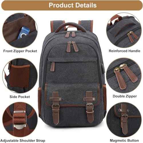 Canvas Travel Laptop Backpack for Men Women, business Work Rucksack College School Computer Bag Fits 15.6 Inch Laptop, Bookbag with USB Charging Port £¨Black£©
