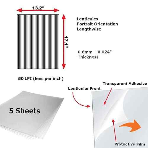 Lenticular Sheet 17"x13" 50LPI Adhesive Back (5 Sheets) Blank Transparent Lenticular Sheet, Portrait, Magic Tricks, 3D/Morph/Zoom/Animation/Flip-Image Printing, Optical Illusion, Invisibility Shield