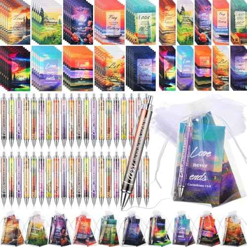 200 Pcs Christian Gifts for Women Christian Accessories Include 50 Bible Verses Notebooks 50 Church Bookmarks 50 Scripture Pens 50 Organza Bags for Church Motivational Gift(Scenery)