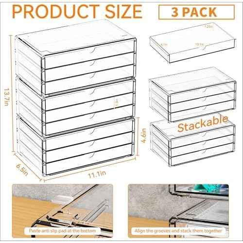 Yieach 11.1 Inch Long Clear Drawer Organizers Stackable,3 Pack Small Acrylic Drawers,School,Office Supplies Organizer And Storage Bins for Stationery,Marker,Pen,Pencil,Craft Desktop Storage Drawers