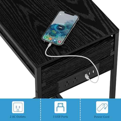 2 Tier Computer Tower Stand with Drawer, CPU Holder Stand with Charge Station and USB Charging Port, Printer Cart with Wheels for Home Office Fax, Black