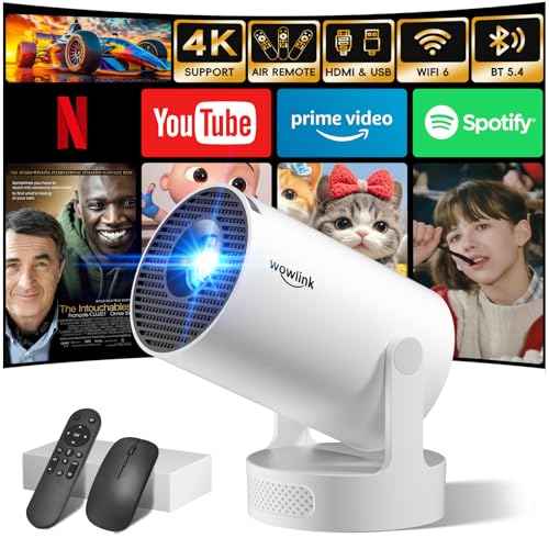 [Built-in Apps & 2025 Upgraded] Mini Projector with WiFi 6 and Bluetooth 5.4 Support 4K 1080P Auto Keystone 180¡Æ Rotatable Projector Portable Compatibile with HDMI/TV Stick/Memory Stick/Laptop, White