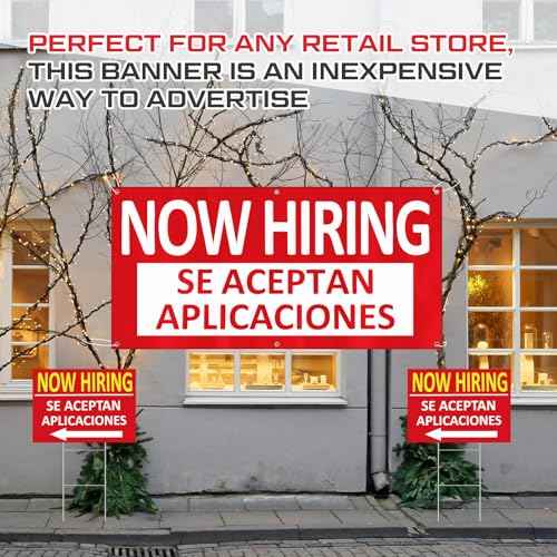 1 Pcs 2 x 4 ft Now Hiring Banner and 2 Pcs 18 x 24 Inch Now Hiring Yard Sign with Stakes Se Aceptan Aplicaciones English and Spanish Bilingual Signage Outdoor Indoor for Business and Stores