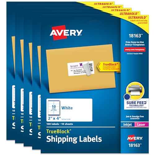 Avery Printable Shipping Labels with Sure Feed, 2" x 4" Customizable Stickers, White, 500 Blank Mailing Labels, Great for Mailing, Shipping, and More (5-Pack of 18163)