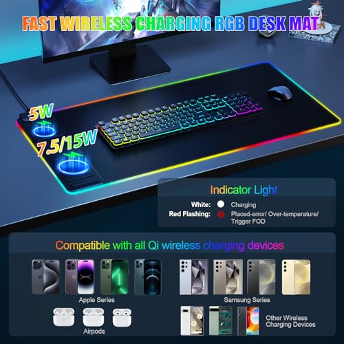 Wireless Charging RGB Mouse Pad with Foldable Phone Stand - 31.5x15.8 inch, No Adapter, Black