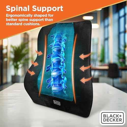 BLACK+DECKER Memory Foam Lumbar Support Pillow with Cooling Gel ? High Back Lumbar Cushion for Office, Car, Wheelchair & Airplane ? Ergonomic, Pain Relief, Adjustable Strap, Washable Cover,Black/Grey