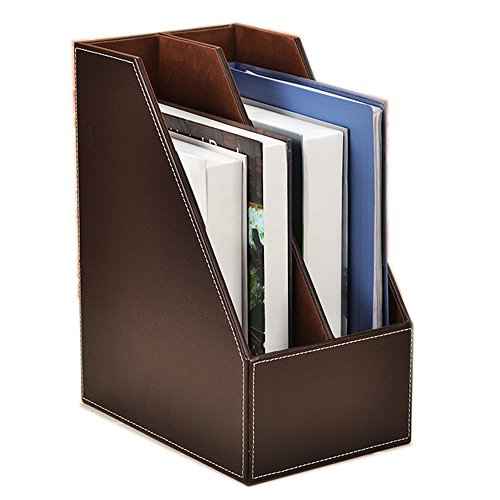 Vertical Style,Leather Magazine Holder Office Desk Organizer File Document Tray Box Bookends Book Stand (Coffee (2 Slot))