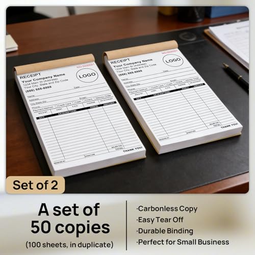 Custom Receipt Book with Carbon Copies, 5.5 x 8.5 in - 100 Sets (2 Books x 50) VJY
