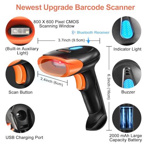 KUIIYER Bluetooth Barcode Scanner, Wireless 2D QR 1D Bar Code Scanners Handheld Barcode Reader with Updated 800 X 600 Pixel CMOS, Plug & Play for iPhone, Android, iPad, Tablet, PC Computers & POS