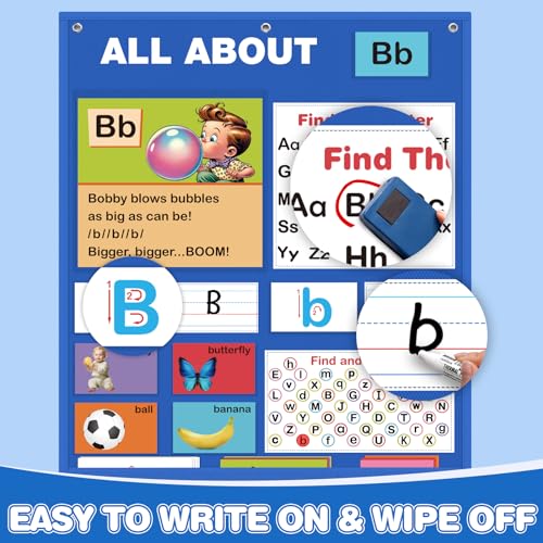 Alphabet Learning Pocket Chart, Alphabet Wall Chart for Toddlers 1-3, Handwriting Practice Letter Tracing Circle Time Learning Center for Classroom, Preschool Classroom Must Haves XL35x 27"
