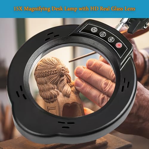 15X Magnifying Glass Desk Lamp with Metal Base, 5 Color Modes 10 Levels Adjustable Brightness, 360¡Æ Rotatable Flexible Aluminum Arms ? Ideal for Reading, Crafting, Close Work, Eye-Caring Table Lamp