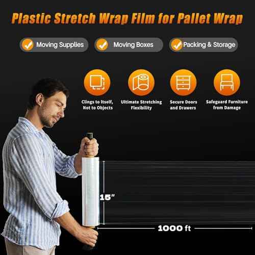 BETU Plastic Wrap Stretch Film for Moving Supplies 15inch X 1000ft, Shrink Wrap Stretch Roll Industrial for Furniture Wrapping Shipping Pallet Moving Boxes Storage with Handles, 2 Pack, Clear