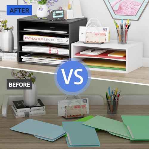 Wood Desktop Letter Tray File Organizer, Paper Storage Mail Sorter with 3 Adjustable Drawer Boards for Home and Office, Black