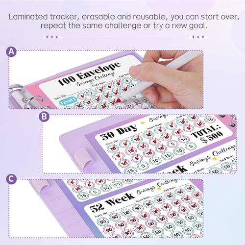A5 Purple Leather Money Saving Challenge Binder with 100 Envelopes & Tracker