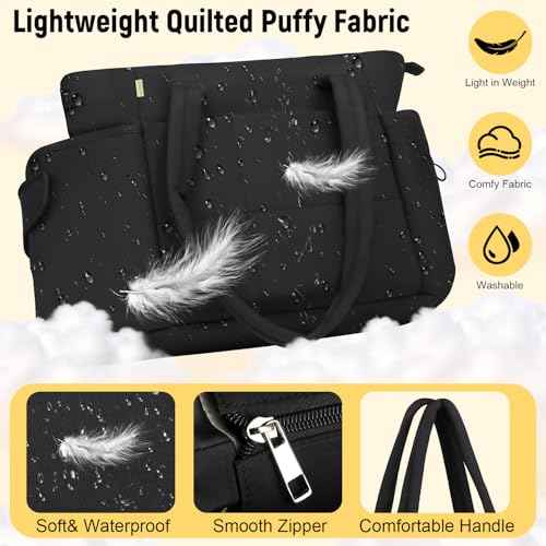Puffer Tote Bag with Large Cup Holder& 15.6 Inch Laptop Compartment, Lightweight Puffy Work Bag with Water Bottle Pocket, Large Laptop Tote with Clutch Purse for Women Teacher Nurse (Black)