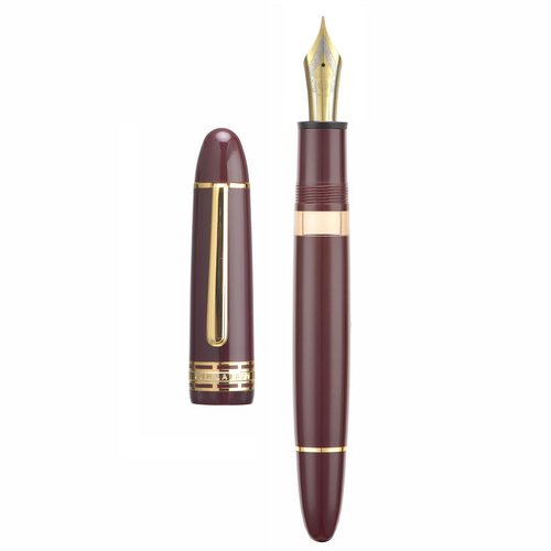 Yongsheng Junlai 630 Acrylic Fountain Pen, Size 8 Medium Nib with Piston Filling System, Wine Red Transparent Ink Tank with Torpedo Shape Design Smooth Writing Pen (Gold Trim)