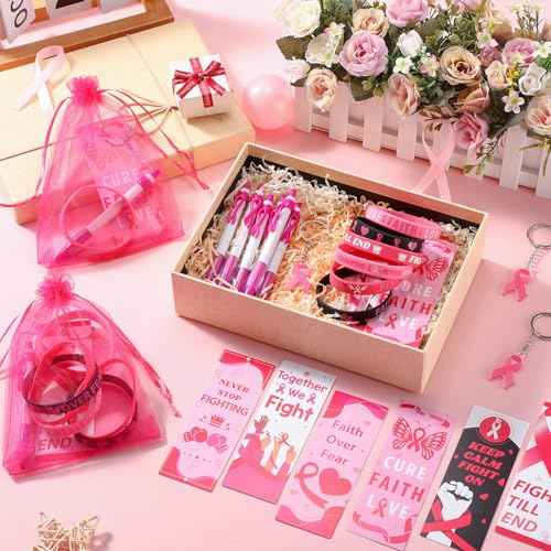 120 Pcs Breast Cancer Awareness Gift Set Include Breast Cancer Pens Pink Ribbon Silicone Bracelets Wristbands Bookmark Keychain Pink Organza Bag for Office Public Charity Events Supplies