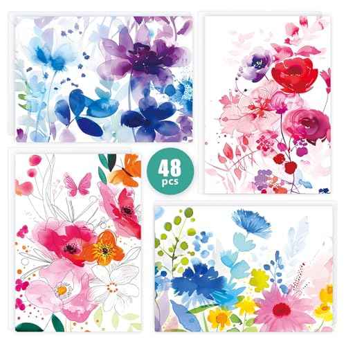 48 Pack Blank Cards and Envelopes, Watercolor Flowers Blank Greeting Cards, Blank Cards for All Occasion