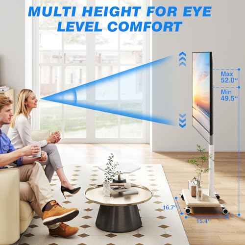 Rfiver Rolling TV Stand for 32 to 55 60 Inch TVs up to 88lbs, Height Adjustable Mobile TV Stand with Wood Base, Space-Saving Design Tall TV Cart Floor Stands for Living Room, Bedroom, Corner (White)