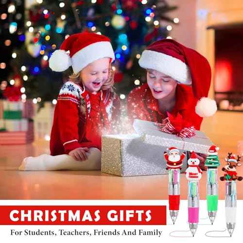100 Pcs Multicolor Christmas Ballpoint Pen 4-in-1 Retractable Holiday Ink Pens 0.7mm Xmas Santa Snowman Reindeer Writing Pens for Students Christmas School Office Supplies Gifts