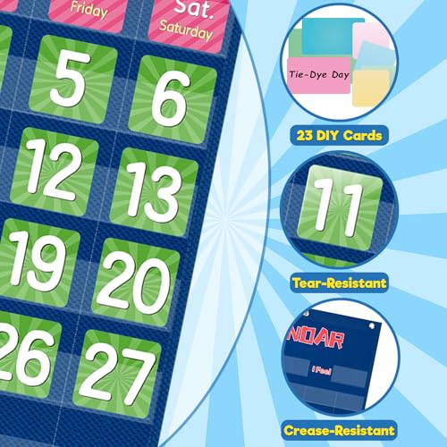 Blue Classroom Calendar Pocket Chart for Elementary with 144 Colorful Cards