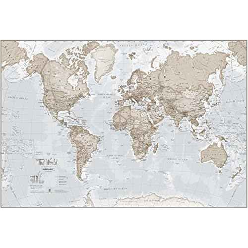 Maps International - Giant World Map Mural - Mega-Map Of The World Wallpaper - 91 x 62 - Neutral Colors